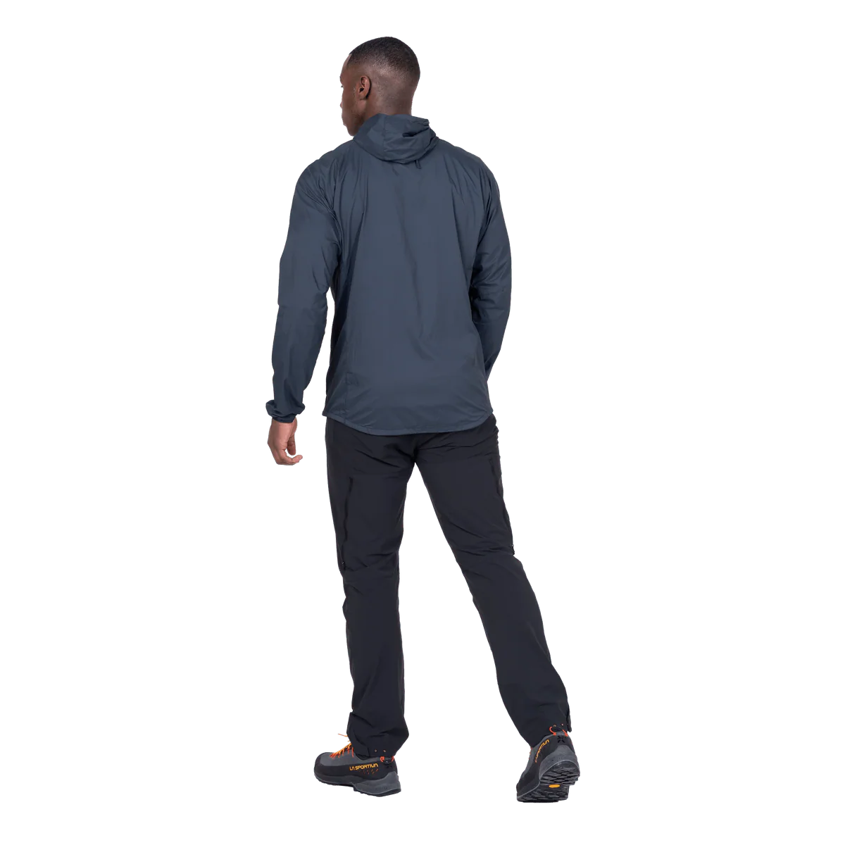 Mountain Equipment Aerofoil Hooded Men's Jacket in Blue Nights - side view showing active fit and adjustable hem drawcord