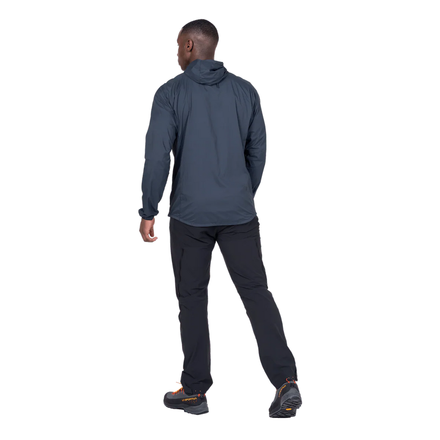 Mountain Equipment Aerofoil Hooded Men's Jacket in Blue Nights - side view showing active fit and adjustable hem drawcord