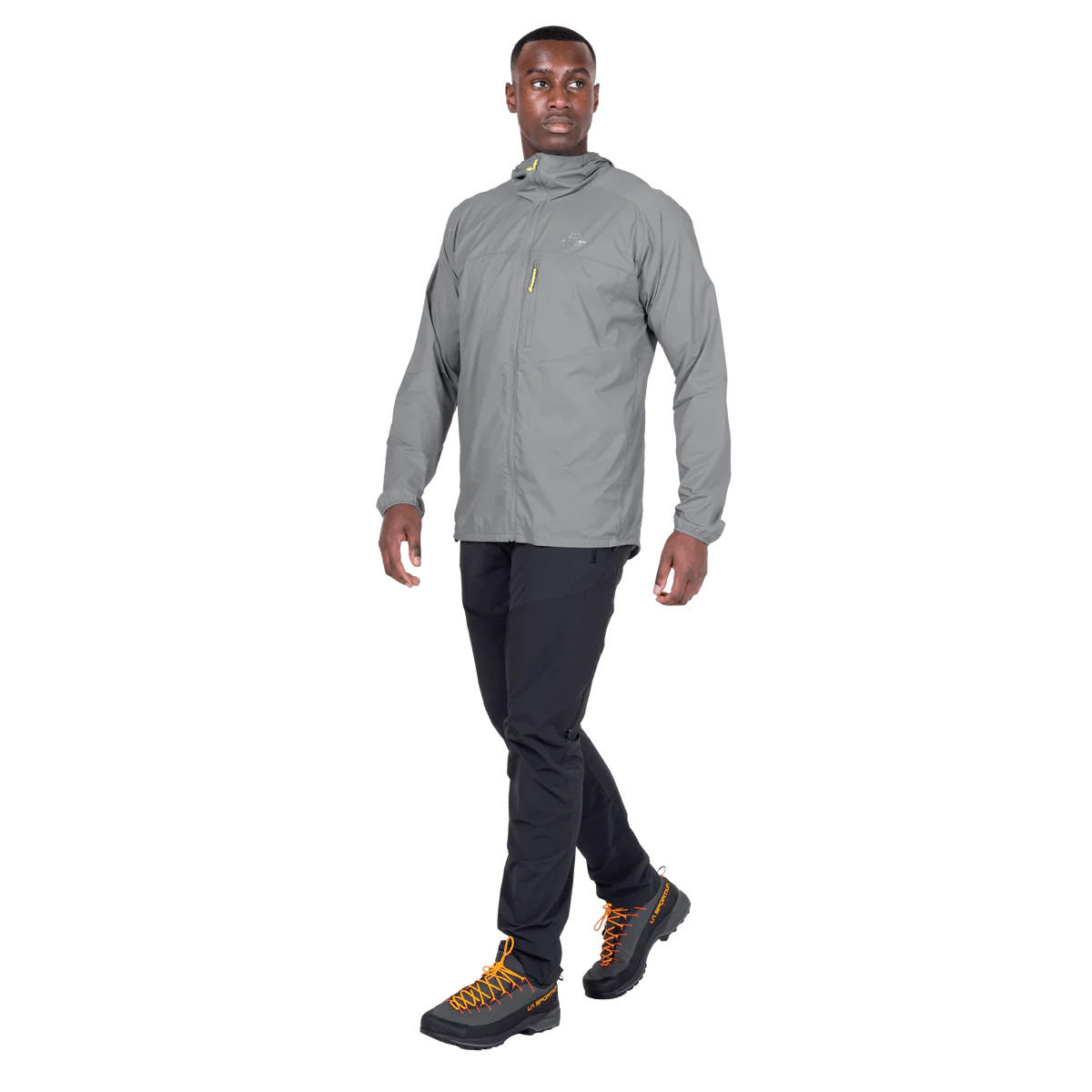 Mountain Equipment Aerofoil Hooded Men's Jacket in Tufa - back view showing articulated pre-shaped sleeves