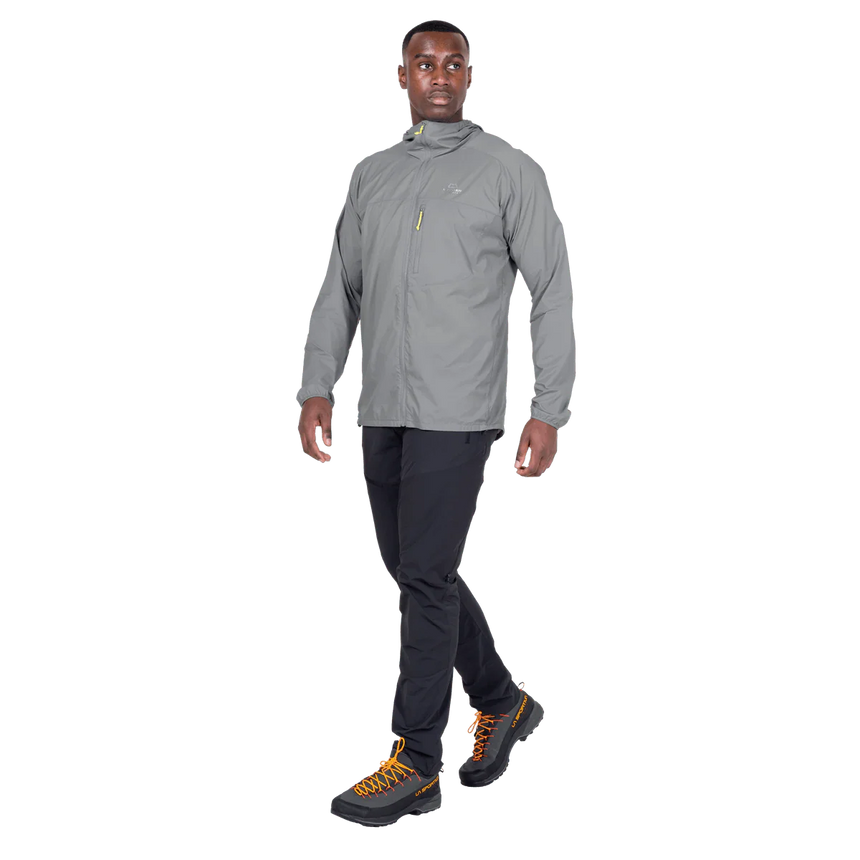 Mountain Equipment Aerofoil Hooded Men's Jacket in Tufa - back view showing articulated pre-shaped sleeves