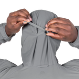 YKK moulded centre front zip detail on Mountain Equipment Aerofoil Hooded Men's Jacket in Tufa