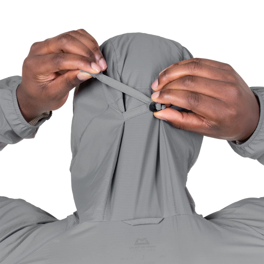 YKK moulded centre front zip detail on Mountain Equipment Aerofoil Hooded Men's Jacket in Tufa