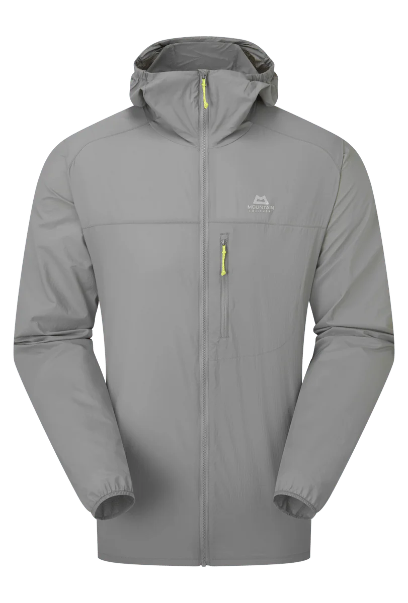 Mountain Equipment Aerofoil Hooded Men's Jacket in Tufa - front view showing EXOLITE 45 softshell fabric and active fit