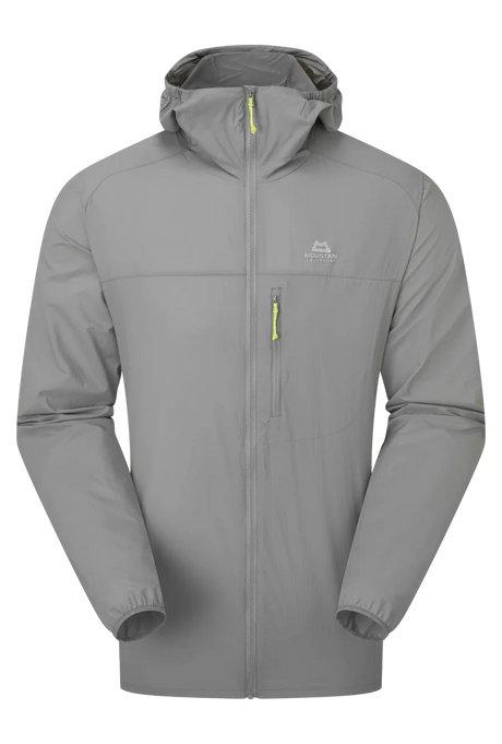 Mountain Equipment Aerofoil Hooded Men's Jacket in Tufa - front view showing EXOLITE 45 softshell fabric and active fit
