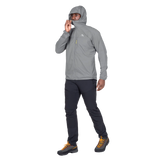 Mountain Equipment Aerofoil Hooded Men's Jacket in Tufa - hood rolled away showing clean neckline