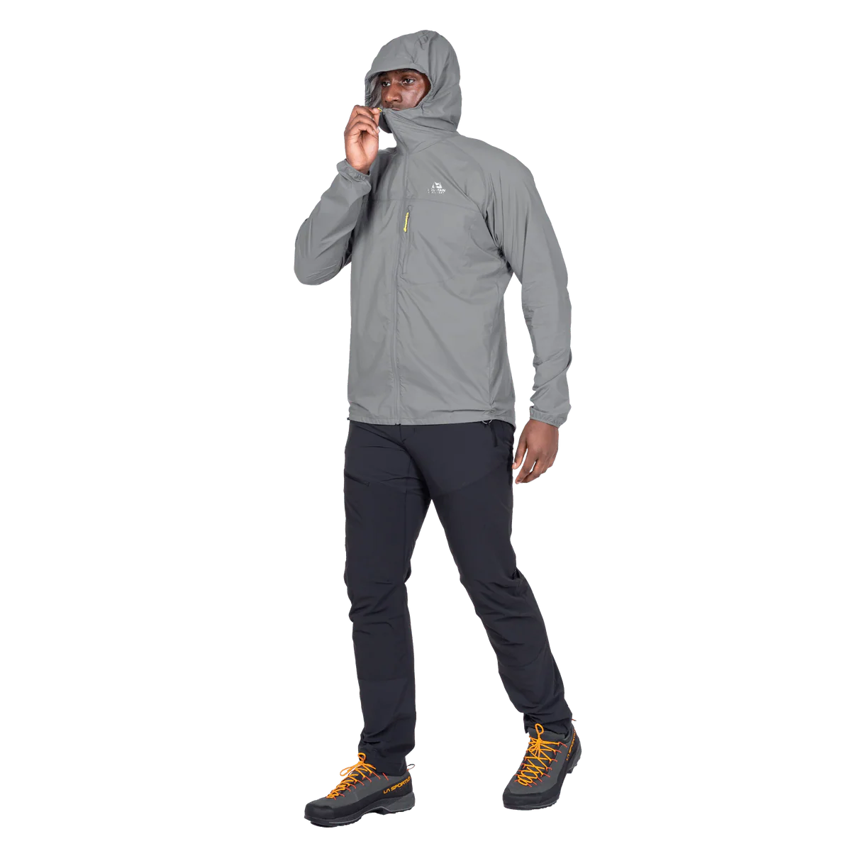 Mountain Equipment Aerofoil Hooded Men's Jacket in Tufa - hood rolled away showing clean neckline