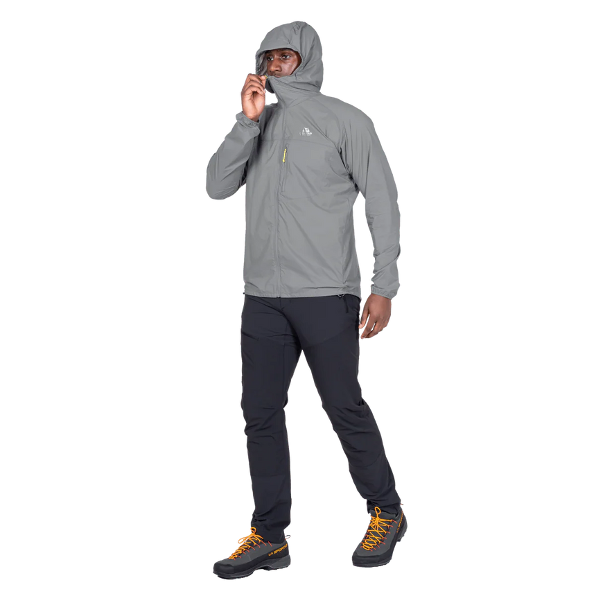 Mountain Equipment Aerofoil Hooded Men's Jacket in Tufa - hood rolled away showing clean neckline
