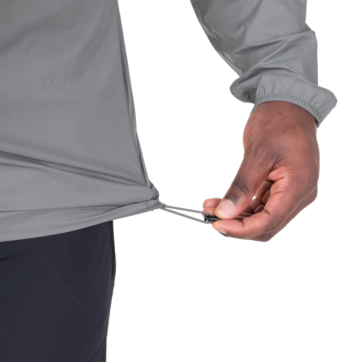 Mountain Equipment Aerofoil Hooded Men's Jacket in Tufa - packed into chest pocket showing twin karabiner carry loops