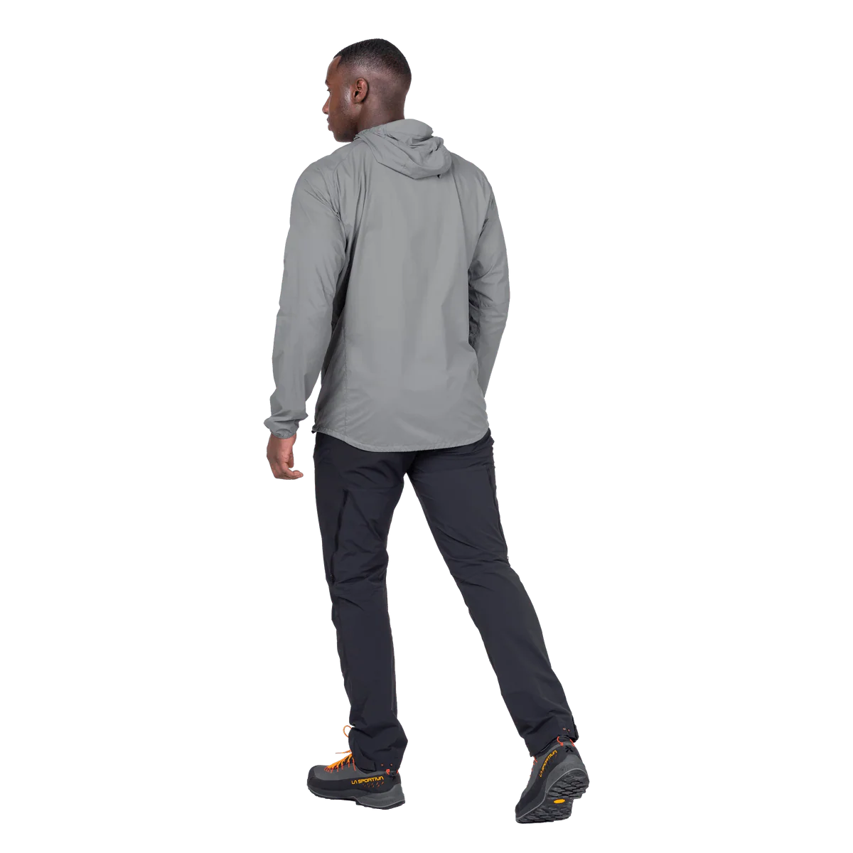 Mountain Equipment Aerofoil Hooded Men's Jacket in Tufa - side view showing active fit and adjustable hem drawcord