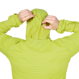 Zipped chest pocket detail on Mountain Equipment Aerofoil Hooded Men's Jacket in Vine Green doubling as stuff sack with twin karabiner carry loops