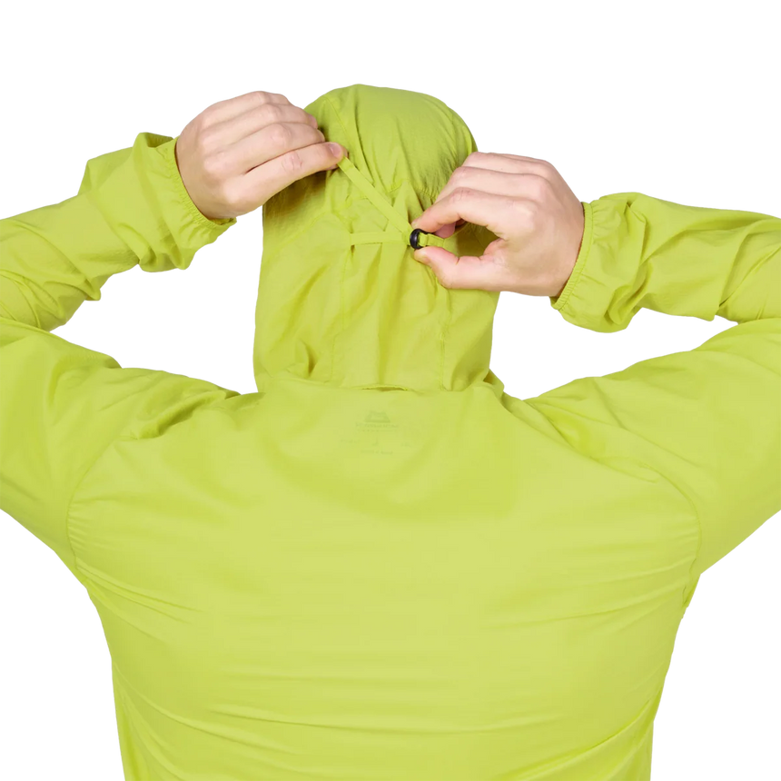 Zipped chest pocket detail on Mountain Equipment Aerofoil Hooded Men's Jacket in Vine Green doubling as stuff sack with twin karabiner carry loops