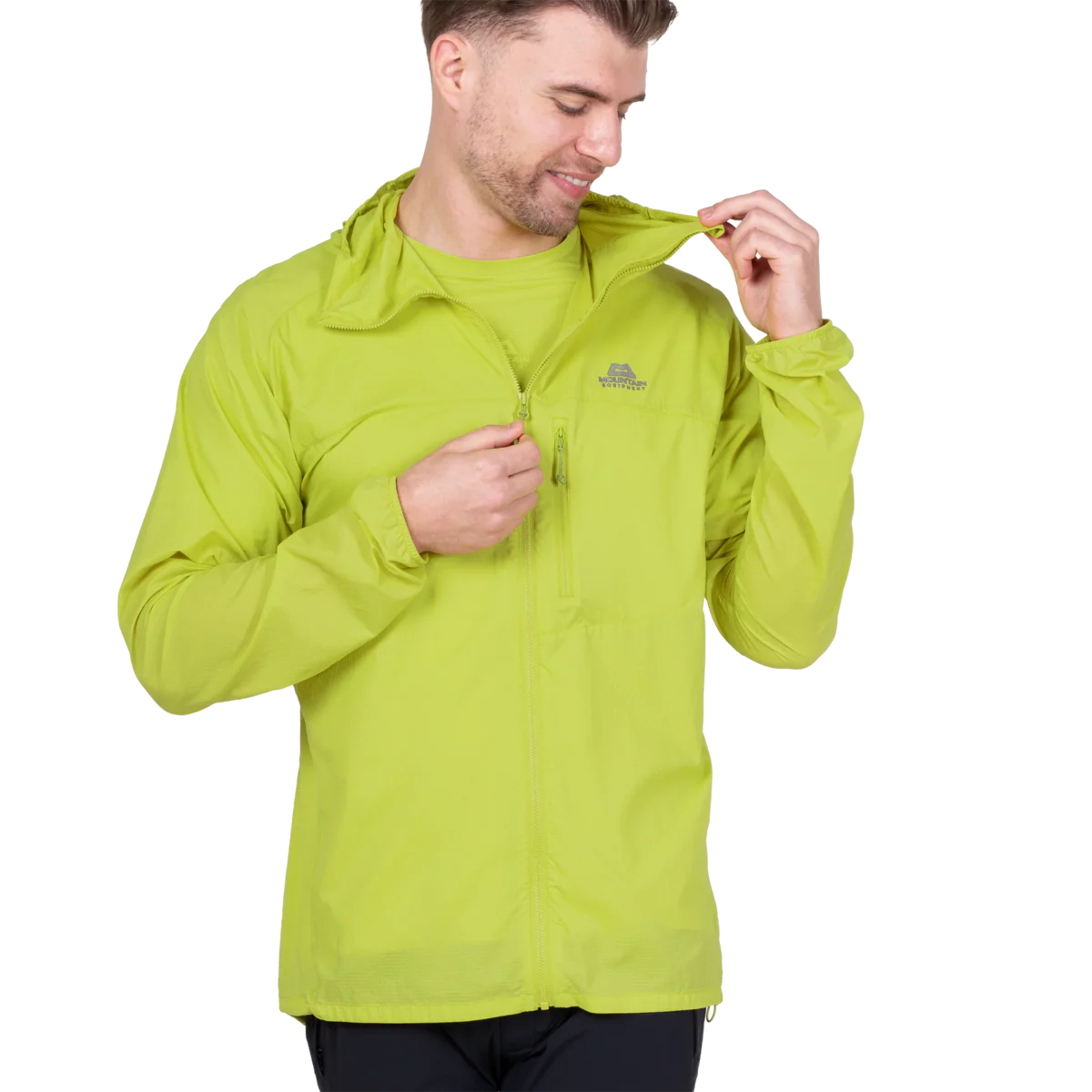 YKK moulded centre front zip detail on Mountain Equipment Aerofoil Hooded Men's Jacket in Vine Green