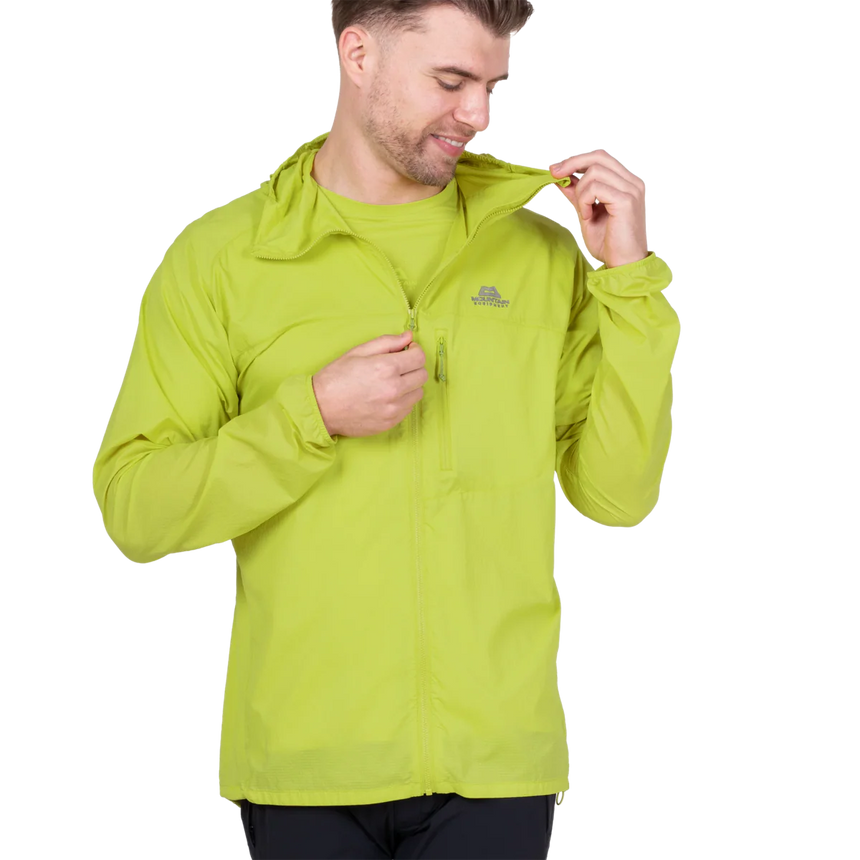 YKK moulded centre front zip detail on Mountain Equipment Aerofoil Hooded Men's Jacket in Vine Green