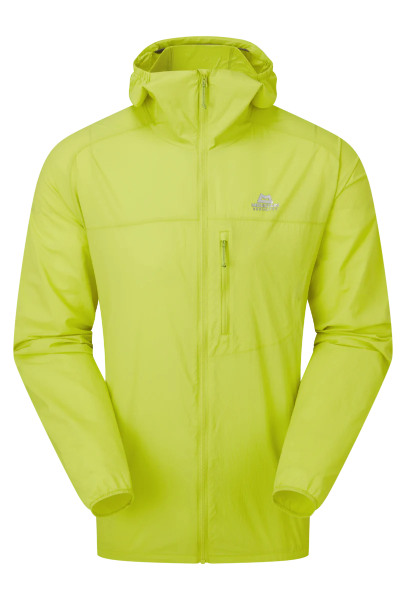 Mountain Equipment Aerofoil Hooded Men's Jacket in Vine Green - front view showing EXOLITE 45 softshell fabric and active fit