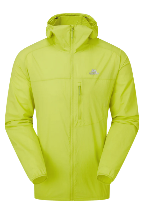 Mountain Equipment Aerofoil Hooded Men's Jacket in Vine Green - front view showing EXOLITE 45 softshell fabric and active fit