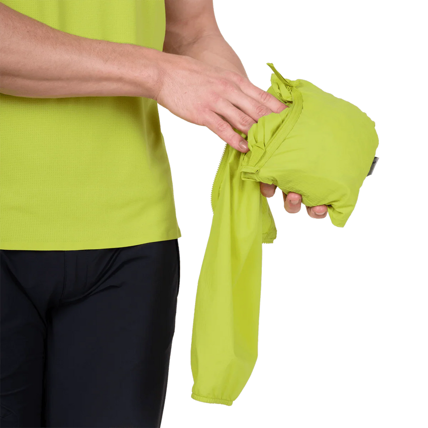 Adjustable hem drawcord detail on Mountain Equipment Aerofoil Hooded Men's Jacket in Vine Green for use under a harness or rucksack waistbelt