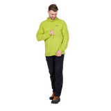 Mountain Equipment Aerofoil Hooded Men's Jacket in Vine Green - hood up showing elastane-bound hood with rear adjustment