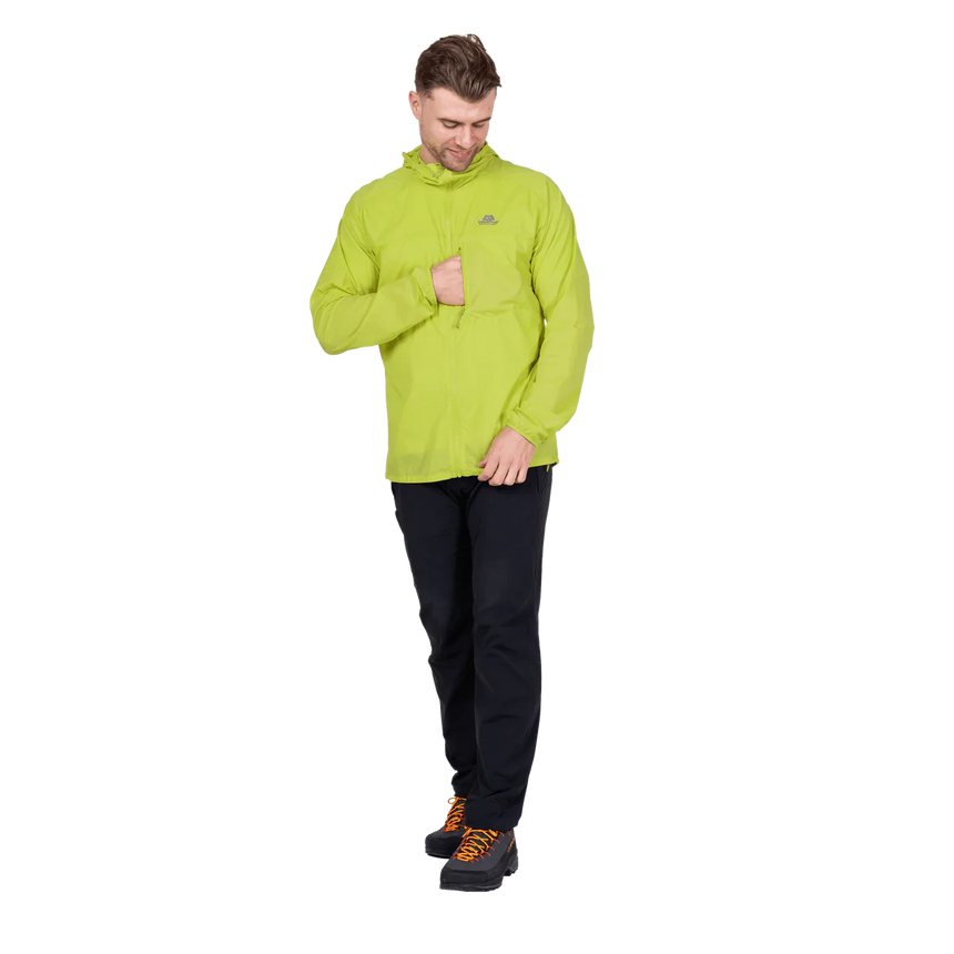 Mountain Equipment Aerofoil Hooded Men's Jacket in Vine Green - hood up showing elastane-bound hood with rear adjustment