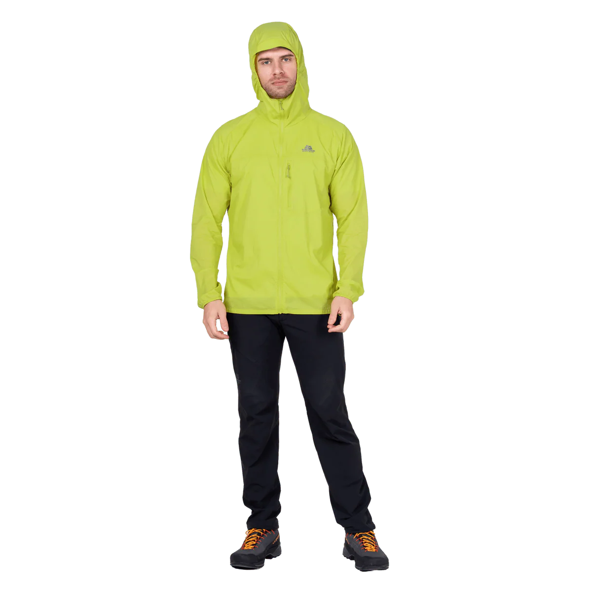 Mountain Equipment Aerofoil Hooded Men's Jacket in Vine Green - hood rolled away showing clean neckline