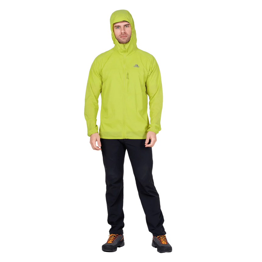 Mountain Equipment Aerofoil Hooded Men's Jacket in Vine Green - hood rolled away showing clean neckline