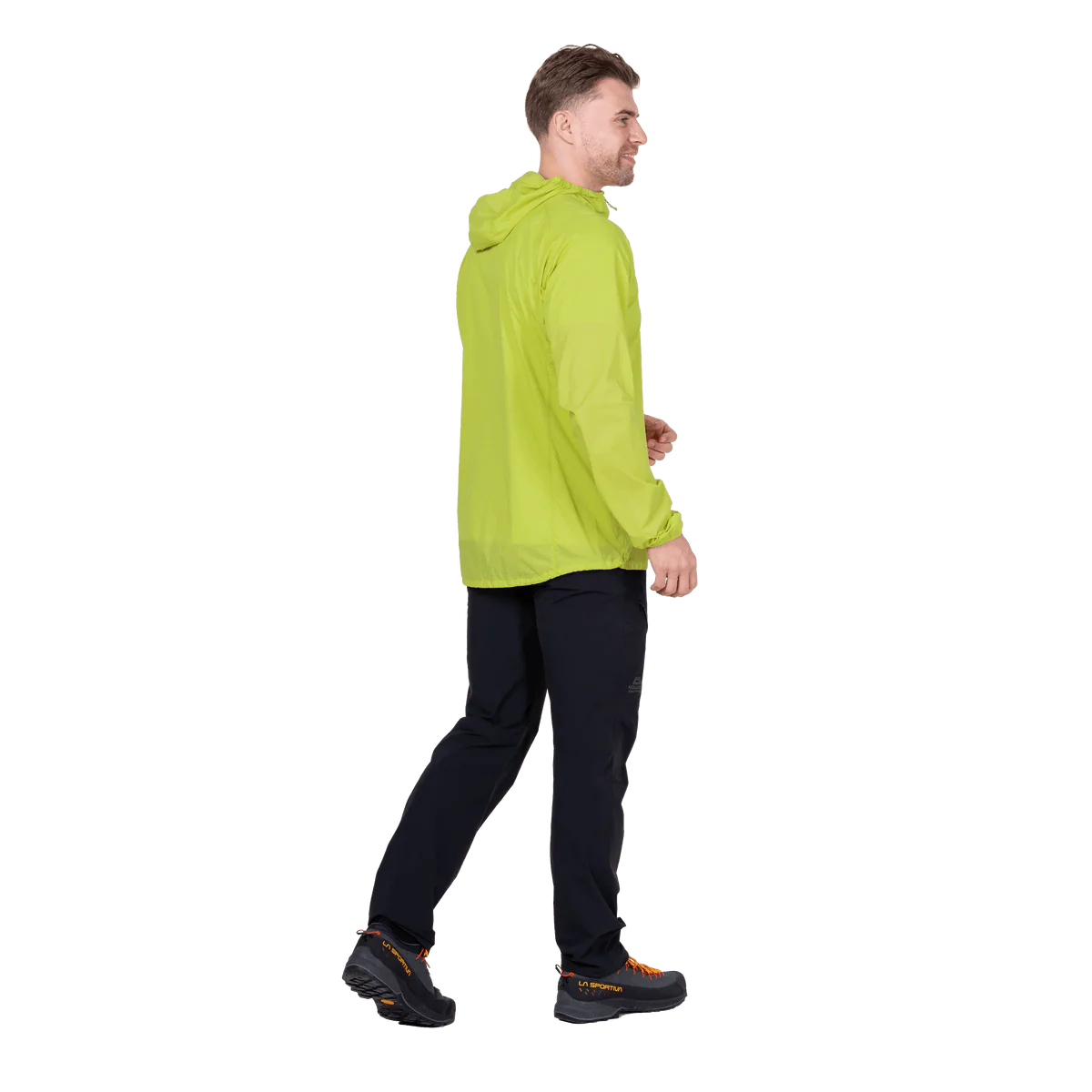 Mountain Equipment Aerofoil Hooded Men's Jacket in Vine Green - side view showing active fit and adjustable hem drawcord