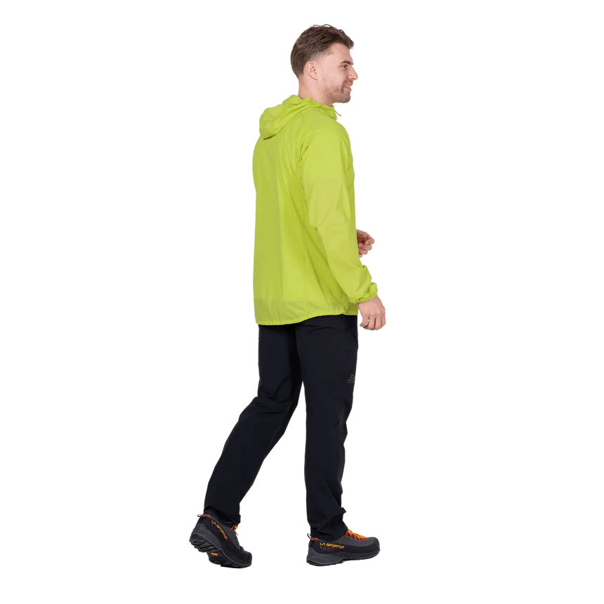 Mountain Equipment Aerofoil Hooded Men's Jacket in Vine Green - side view showing active fit and adjustable hem drawcord