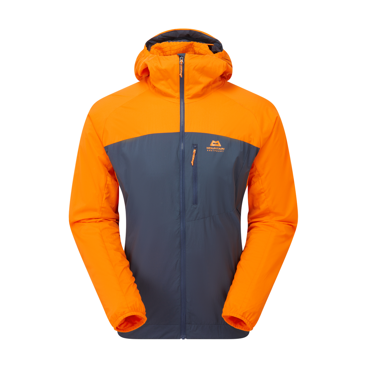 Mountain Equipment Aerotherm Men's Jacket in Blue Nights/Ember - back view showing articulated pre-shaped sleeves