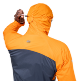 Zipped chest pocket detail on Mountain Equipment Aerotherm Men's Jacket in Blue Nights/Ember doubling as stuff sack with twin karabiner carry loops