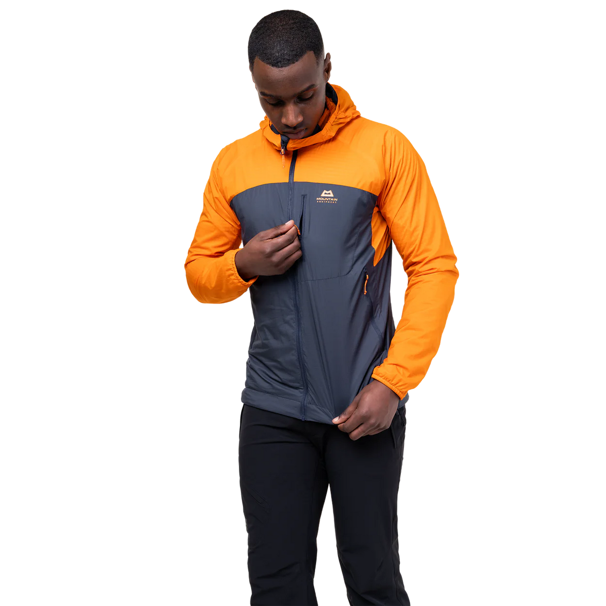 Zipped hand pocket detail on Mountain Equipment Aerotherm Men's Jacket in Blue Nights/Ember