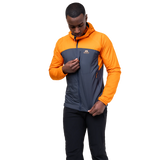 Zipped hand pocket detail on Mountain Equipment Aerotherm Men's Jacket in Blue Nights/Ember