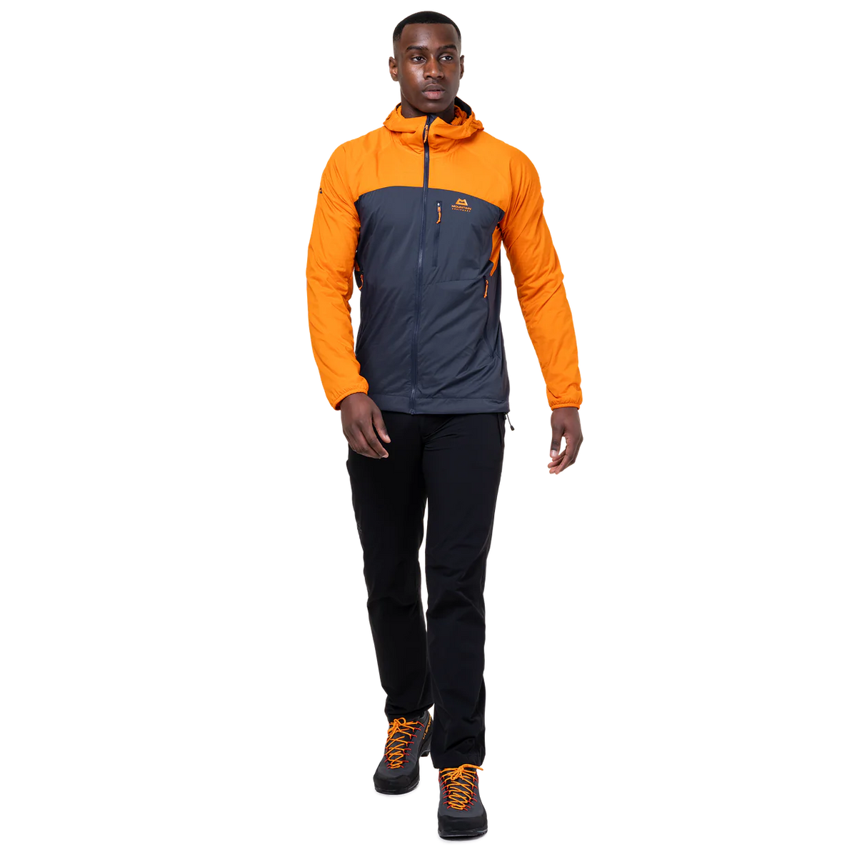 Mountain Equipment Aerotherm Men's Jacket in Blue Nights/Ember - hood up showing adjustable mountain hood with elastic border
