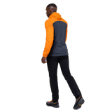 Mountain Equipment Aerotherm Men's Jacket in Blue Nights/Ember - hood rolled away showing clean neckline