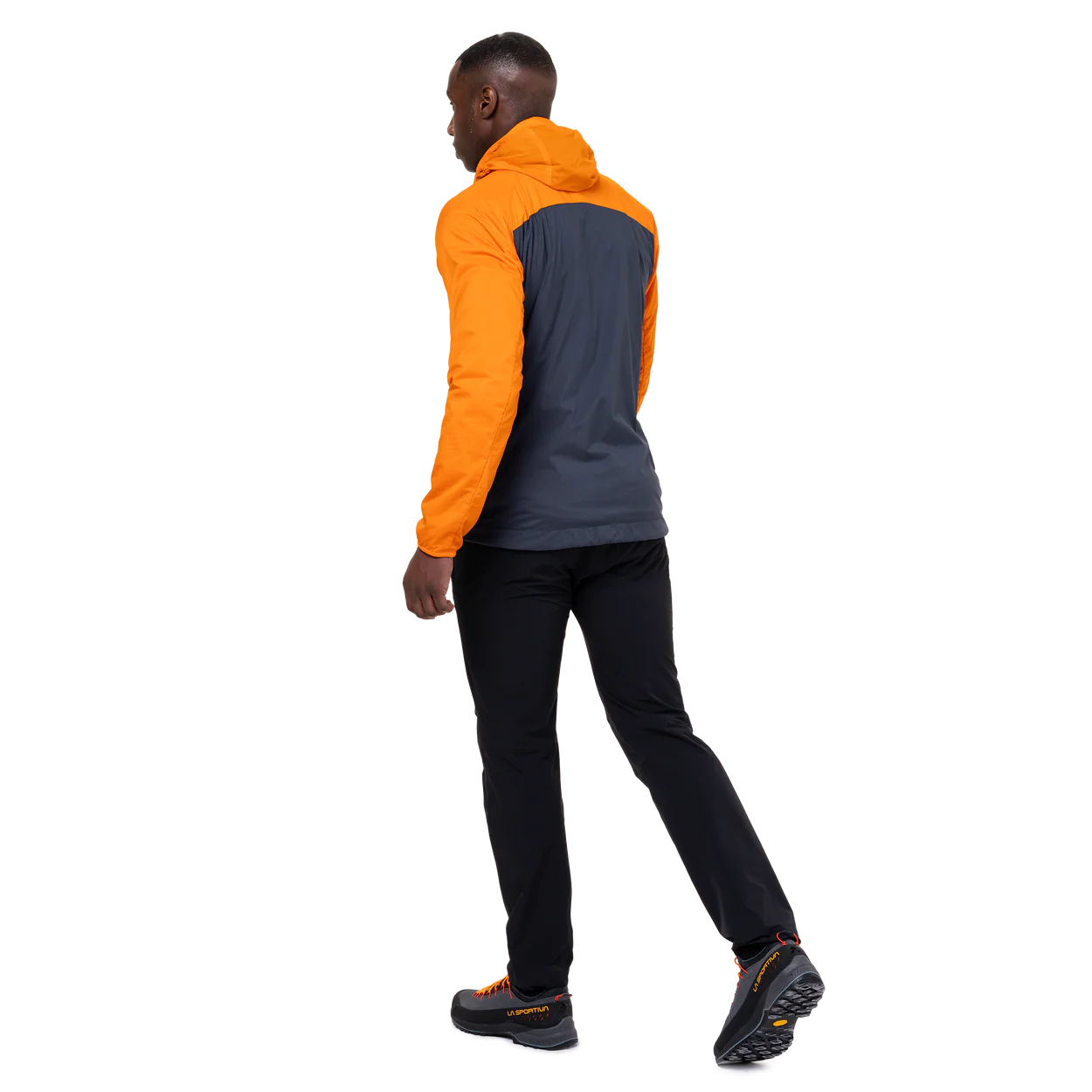Mountain Equipment Aerotherm Men's Jacket in Blue Nights/Ember - hood rolled away showing clean neckline