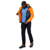 Mountain Equipment Aerotherm Men's Jacket in Blue Nights/Ember - packed into hand pocket showing twin karabiner carry loops
