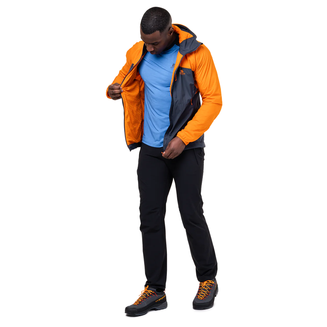 Mountain Equipment Aerotherm Men's Jacket in Blue Nights/Ember - packed into hand pocket showing twin karabiner carry loops