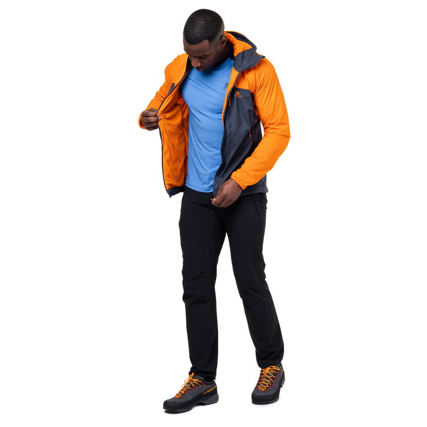 Mountain Equipment Aerotherm Men's Jacket in Blue Nights/Ember - packed into hand pocket showing twin karabiner carry loops