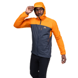 Mountain Equipment Aerotherm Men's Jacket in Blue Nights/Ember - side view showing active fit and dual tether hem drawcords