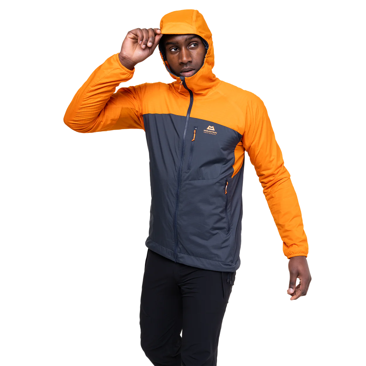 Mountain Equipment Aerotherm Men's Jacket in Blue Nights/Ember - side view showing active fit and dual tether hem drawcords