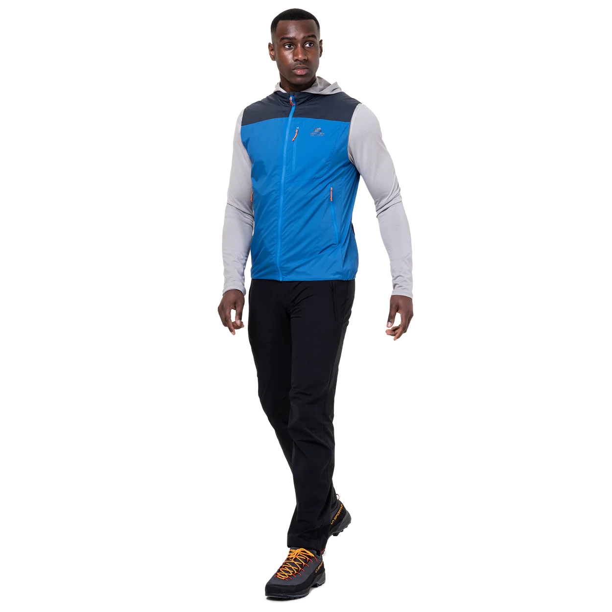 Mountain Equipment Aerotherm Men's Vest in Atlantic/Blue Nights - back view showing active fit and semi-elasticated hem