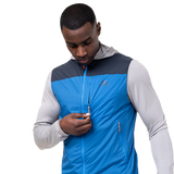 Zipped chest pocket detail on Mountain Equipment Aerotherm Men's Vest in Atlantic/Blue Nights doubling as stuff sack with twin karabiner carry loops