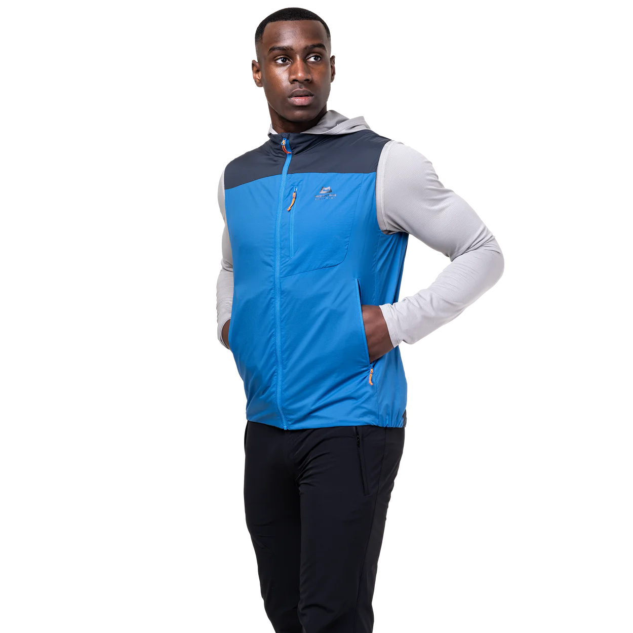 YKK moulded centre front zip detail on Mountain Equipment Aerotherm Men's Vest in Atlantic/Blue Nights
