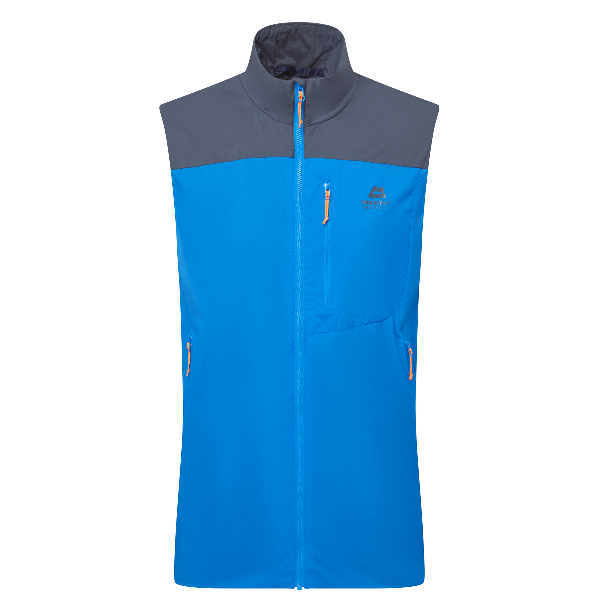 Mountain Equipment Aerotherm Men's Vest in Atlantic/Blue Nights - front view showing EXOLITE 45 softshell fabric and active fit