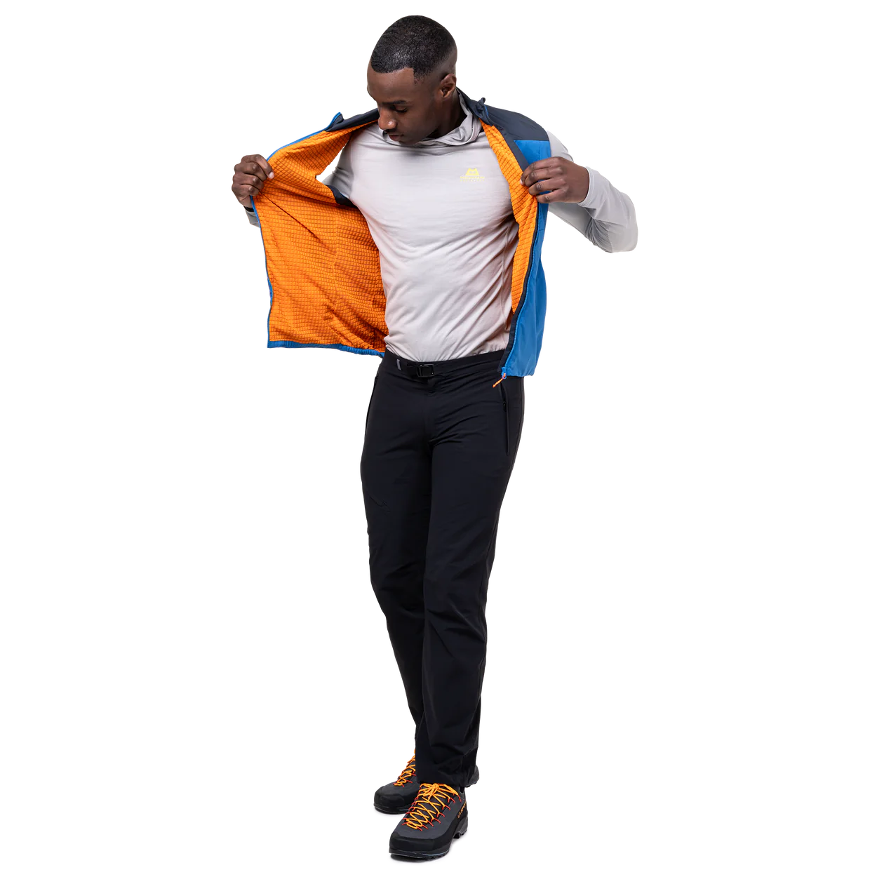 Zipped hand pocket detail on Mountain Equipment Aerotherm Men's Vest in Atlantic/Blue Nights