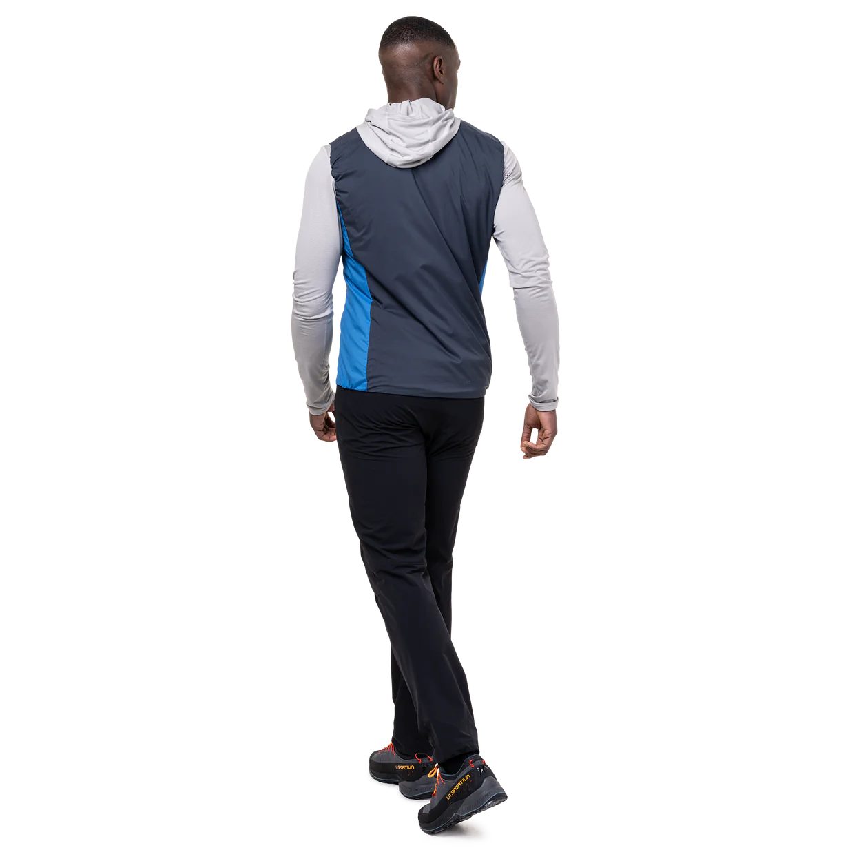 Mountain Equipment Aerotherm Men's Vest in Atlantic/Blue Nights - side view showing active fit and semi-elasticated armhole