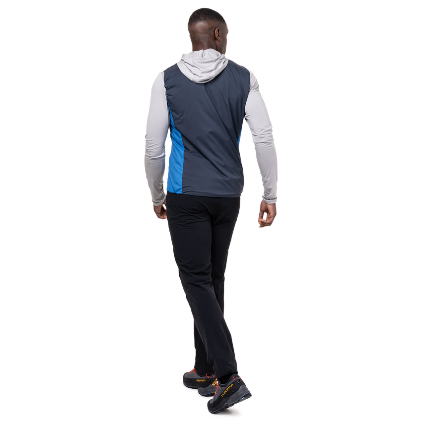 Mountain Equipment Aerotherm Men's Vest in Atlantic/Blue Nights - side view showing active fit and semi-elasticated armhole