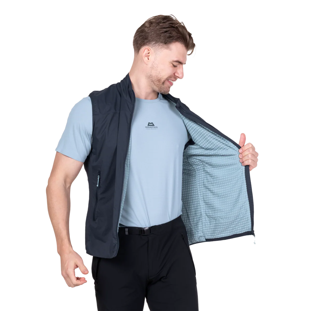 Semi-elasticated armhole detail on Mountain Equipment Aerotherm Men's Vest in Blue Nights