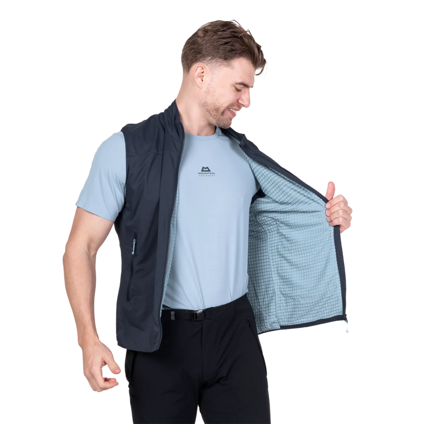 Semi-elasticated armhole detail on Mountain Equipment Aerotherm Men's Vest in Blue Nights