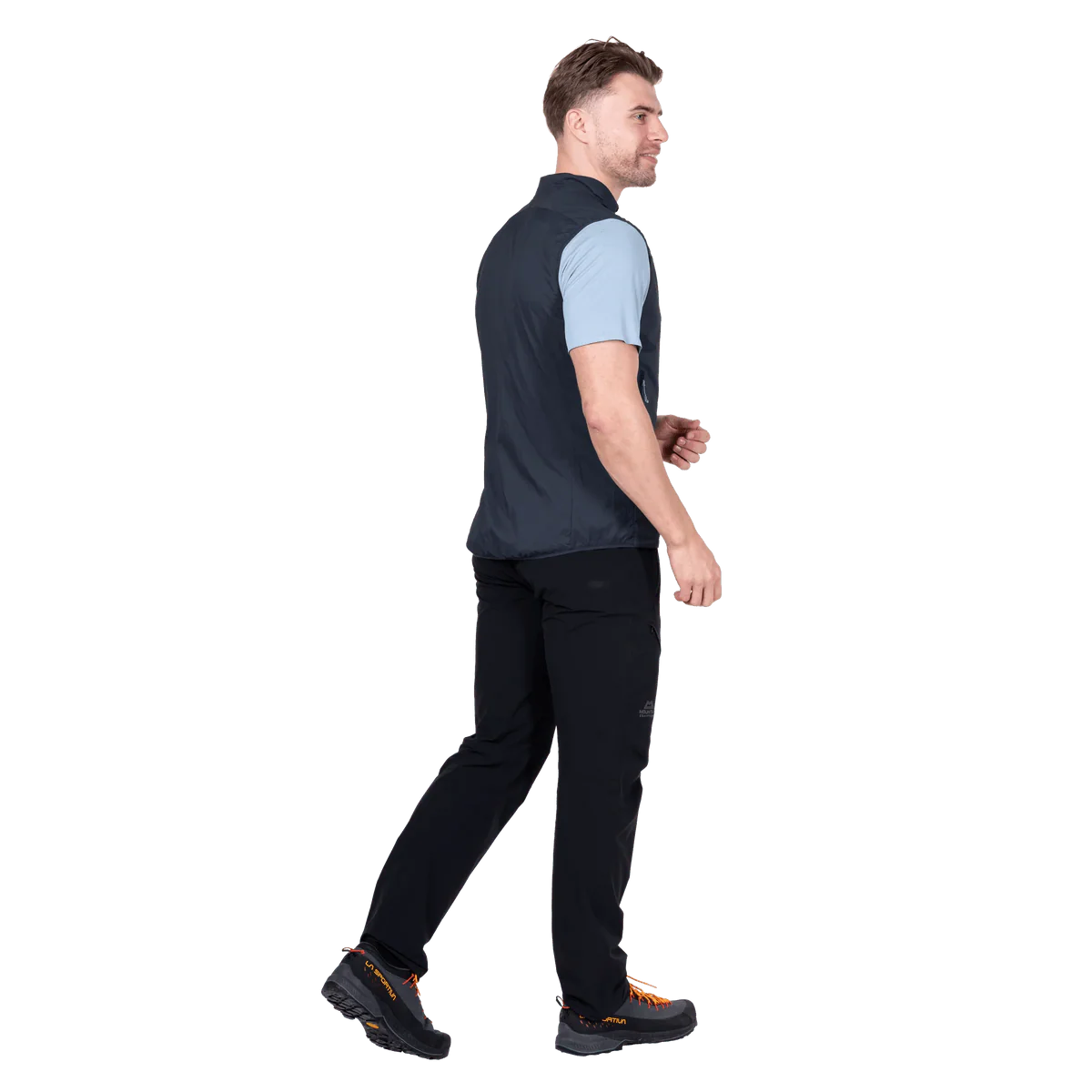 Mountain Equipment Aerotherm Men's Vest in Blue Nights - back view showing active fit and semi-elasticated hem
