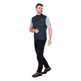 Zipped chest pocket detail on Mountain Equipment Aerotherm Men's Vest in Blue Nights doubling as stuff sack with twin karabiner carry loops