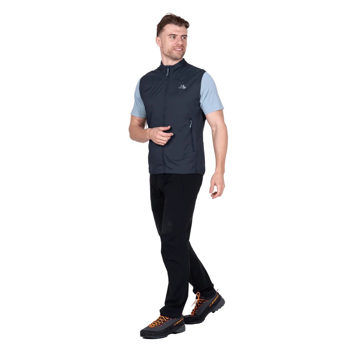Zipped chest pocket detail on Mountain Equipment Aerotherm Men's Vest in Blue Nights doubling as stuff sack with twin karabiner carry loops